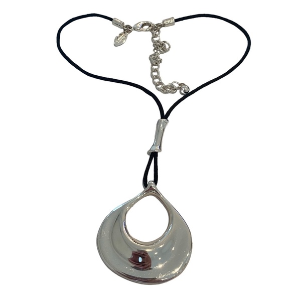 Chico's modernist sculptural silver tone pendant necklace black cord - Picture 4 of 7